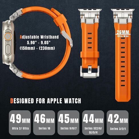 Compatible with Apple Watch Bands for Men - Soft Silicone Band with Stainless Steel Connector for iWatch Series 10 46mm, Ultra 2/Ultra 49mm, 9/8/7 45mm, SE2/SE/6/5/4 44mm, 3/2/1 42mm, Orange in Kuwait