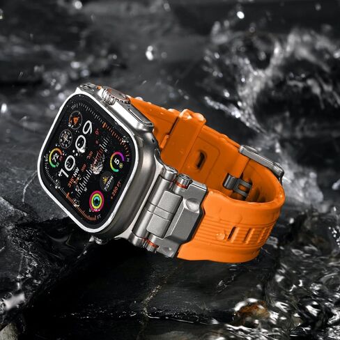 Compatible with Apple Watch Bands for Men - Soft Silicone Band with Stainless Steel Connector for iWatch Series 10 46mm, Ultra 2/Ultra 49mm, 9/8/7 45mm, SE2/SE/6/5/4 44mm, 3/2/1 42mm, Orange in Kuwait