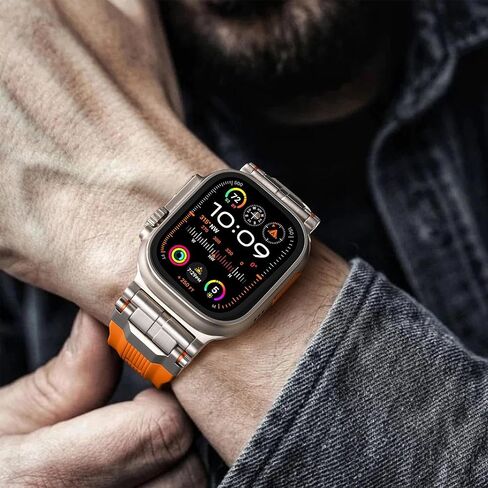Compatible with Apple Watch Bands for Men - Soft Silicone Band with Stainless Steel Connector for iWatch Series 10 46mm, Ultra 2/Ultra 49mm, 9/8/7 45mm, SE2/SE/6/5/4 44mm, 3/2/1 42mm, Orange in Kuwait