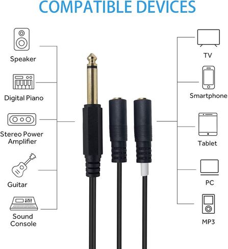 Duttek 6.35mm to 3.5mm Headphone Jack Adapter Cable, Gold-plated 2X 3.5mm 1/8 Inch Male Jack Socket to 6.35mm 1/4 Inch Female Plug Mono Audio Y Splitter Cable 25CM/10 Inch in Saudi Arabia
