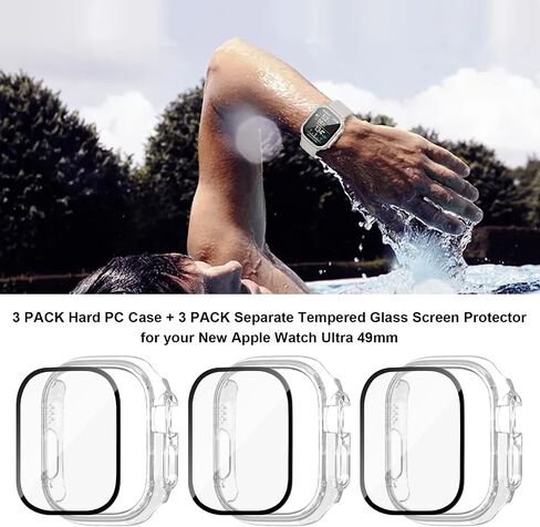 [3+3] Pack for Apple Watch Ultra 49mm Screen Protector Case, Haojavo 3 Pack Waterproof Face Cover Hard PC Protective Bumper Shell + 3 Pack Tempered Glass Film for iWatch Ultra 49mm Accessories in Saudi Arabia