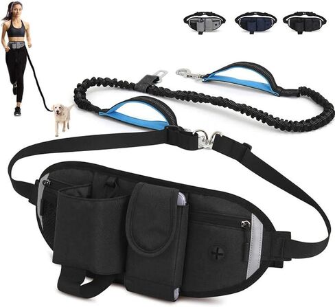 Waist Dog Leash Hand Free for Small Medium Dogs, Dog Running Leash with Adjustable Waist Belt Fanny Pack, Retractable Bungee Dog Leash with 2 Handle Double Clip for Walking Training, Black in Saudi Arabia