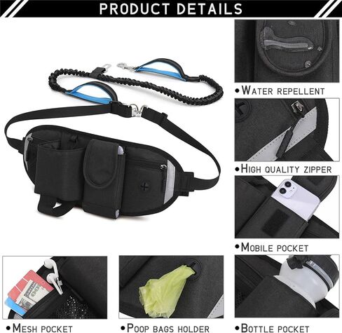 Waist Dog Leash Hand Free for Small Medium Dogs, Dog Running Leash with Adjustable Waist Belt Fanny Pack, Retractable Bungee Dog Leash with 2 Handle Double Clip for Walking Training, Black in Saudi Arabia