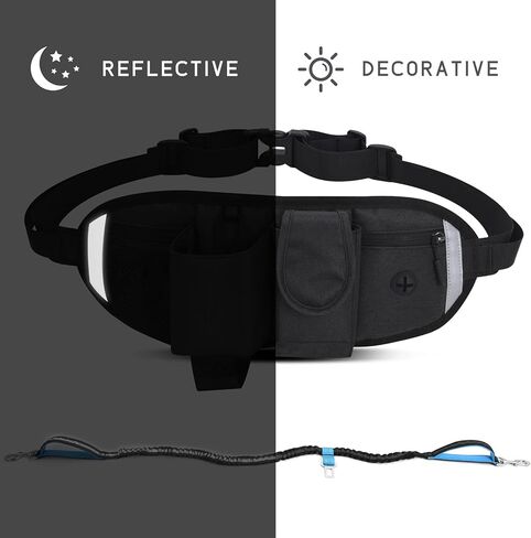 Waist Dog Leash Hand Free for Small Medium Dogs, Dog Running Leash with Adjustable Waist Belt Fanny Pack, Retractable Bungee Dog Leash with 2 Handle Double Clip for Walking Training, Black in Saudi Arabia