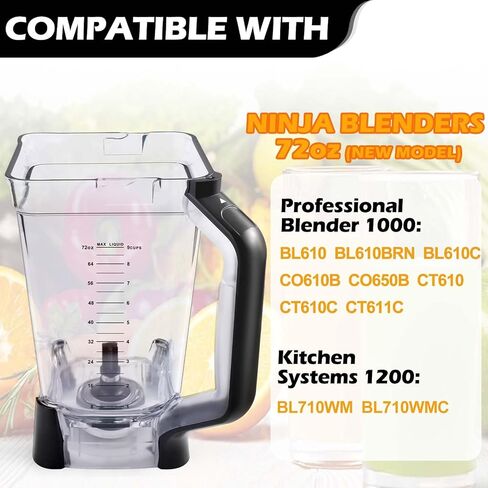 إبريق استبدال الخلاط سعة 72oz من BABORUI متوافق مع خلاطات Ninja، قطع غيار خلاط متينة مطورة متوافقة مع خلاط Ninja BL610 الاحترافي على سطح الطاولة (نموذج جديد) in Kuwait
