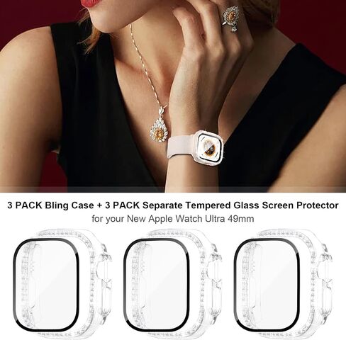 [3+3] Pack for Apple Watch Ultra 49mm Screen Protector Case, Haojavo 3 Pack Waterproof Face Cover Hard PC Protective Bumper Shell + 3 Pack Tempered Glass Film for iWatch Ultra 49mm Accessories in Saudi Arabia
