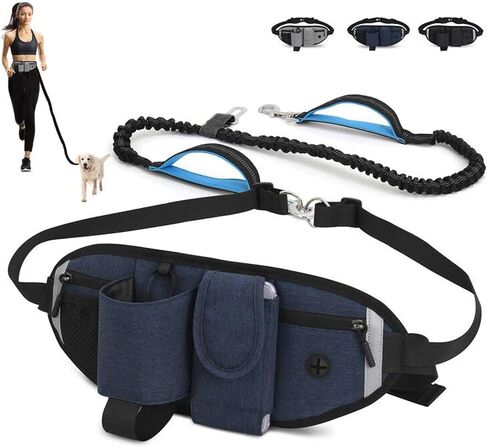 Waist Dog Leash Hand Free for Small Medium Dogs, Dog Running Leash with Adjustable Waist Belt Fanny Pack, Retractable Bungee Dog Leash with 2 Handle Double Clip for Walking Training, Black in Saudi Arabia