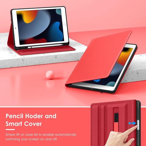 حافظة VIKESI الدوارة لجهاز iPad 9th / 8th / 7th Generation 10.2 بوصة (إصدار 2021/2020/2019)، غطاء جلدي ذكي مع حامل أقلام رصاص، حامل دوار 360 درجة، شريط يدوي، وشريط إغلاق - وردي in Kuwait