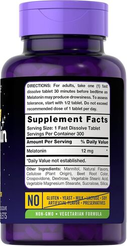 Carlyle Melatonin 12 mg Fast Dissolve 180 Tablets | Drug Free | Natural Berry Flavor | Vegetarian, Non-GMO, Gluten Free in Kuwait