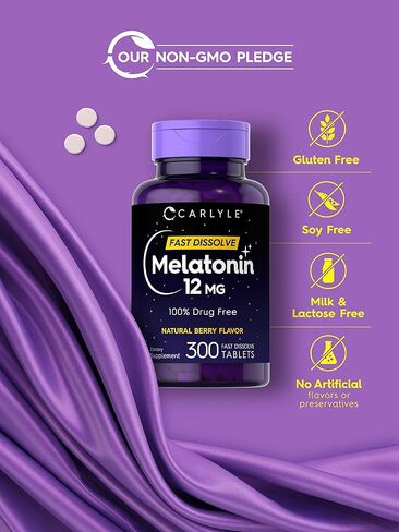 Carlyle Melatonin 12 mg Fast Dissolve 180 Tablets | Drug Free | Natural Berry Flavor | Vegetarian, Non-GMO, Gluten Free in Kuwait