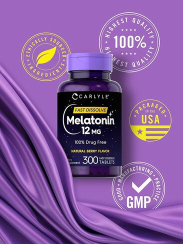 Carlyle Melatonin 12 mg Fast Dissolve 180 Tablets | Drug Free | Natural Berry Flavor | Vegetarian, Non-GMO, Gluten Free in Kuwait
