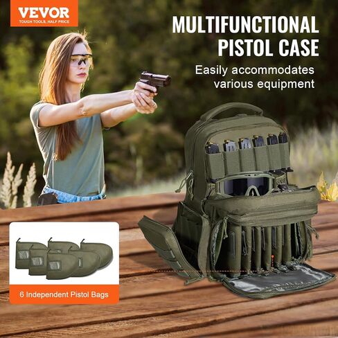 VEVOR Tactical Range Backpack Gun Backpack with 6 Independent Pistol Bags & 10 Magazine, Pistol Backpack for Hunting Shooting (Brown) in Saudi Arabia