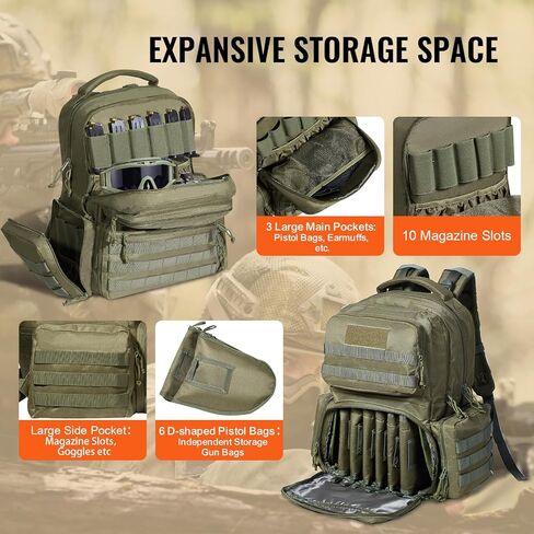 VEVOR Tactical Range Backpack Gun Backpack with 6 Independent Pistol Bags & 10 Magazine, Pistol Backpack for Hunting Shooting (Brown) in Saudi Arabia