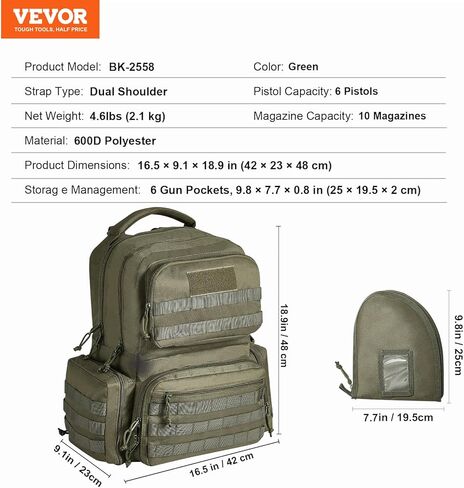 VEVOR Tactical Range Backpack Gun Backpack with 6 Independent Pistol Bags & 10 Magazine, Pistol Backpack for Hunting Shooting (Brown) in Saudi Arabia