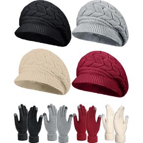 8 Pcs Women Winter Hats Gloves Set, Warm Knit Hat Girls Beanie Cap with Visor Snow Ski Caps and Touch Screen Gloves