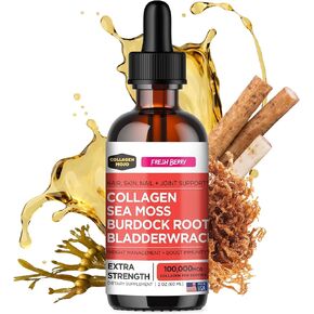 Collagen Mojo Liquid Collagen Peptides with Sea Moss, Burdock Root & Bladderwrack - High Potency/Absorption Formula. Hair, Skin, Nail + Joint Support. Weight Management & Immunity Booster 2 Oz.