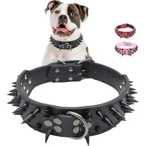 Spiked Dog Collar, Sharp Spike Studded Anti-Bite Protect Pets Neck Adjustable for Medium Large Breed Dogs as Mastiff Pitbull Pug Bulldog, Black Rivets 2-Inch Wide Black Leather 21-24"