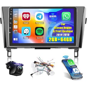 Hikity Android Car Stereo for Nissan Rogue X-Trail Qashqai 2014-2018 Radio 2+64GB 10.1 Inch Touchscreen Car Radio Wireless Carplay Android Auto GPS Navigation WiFi Bluetooth FM EQ Backup Camera
