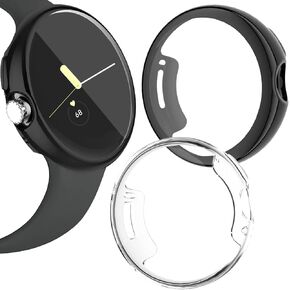 NINKI 2 Pack Cases Compatible Google Pixel Watch 2 2023 Case/Pixel Watch 2022 Case Screen Protector (Clear + Black),Soft Thin Protective Case for Pixel Watch Bumper,Protector for Pixel Watch 2 Cover