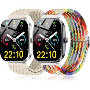 2 Pack Braided Stretchy Nylon Compatible with Kuizil T70 Smart Watch Band/JeeJTek TGW008/zakotu Y66/uaue T60 Smartwatch, Quick Release Solo Loop Sport Elastic Strap Wristbands for Men Women