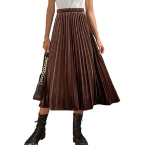 Women’s High Elastic Waist Skirt Pleated A Line Swings Midi Velvet Skirts for Women