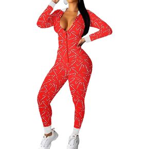 Ekouaer Sexy Onesie for Women Fall Cute Long Sleeve Hooded Pajamas Romper V Neck Zip-Up Thin Knitted One Piece