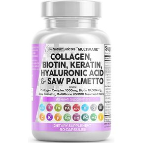 Collagen Pills 1000mg Biotin 10000mcg Keratin Saw Palmetto 2500mg Hyaluronic Acid - Hair Skin and Nails Vitamins and DHT Blocker with Vitamin E Folic Acid Pumpkin Seed MSM Made in USA - 90 Count