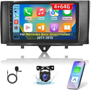 4+64G Android Car Stereo for Mercedes Benz Smart Fortwo 2011-2015 - 9 Inch HD Touchscreen Radio with Wireless Carplay & Android Auto - 32 EQ/WiFi/GPS/SWC + AHD Rear View Camera
