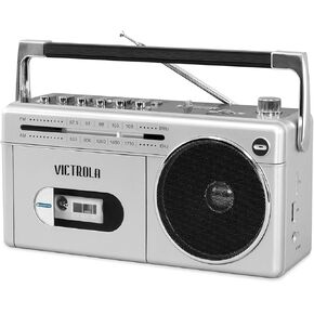 Victrola Mini Bluetooth Boombox with Cassette Player, Recorder and Am/FM Radio, Grey