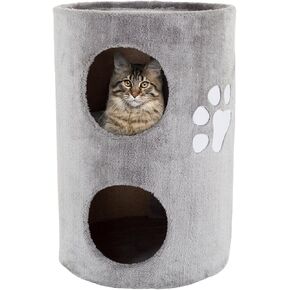 20.5-Inch Cat Condo – 2 Story Cat House with Sisal Scratch Pad, Barrel Shaped Pet House Covered in Soft Fabric by PETMAKER (Gray)