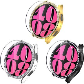 3 Packs for Galaxy Watch 7 44mm Case, Bling Diamonds Cover with HD Tempered Glass Screen Film Protective Fit for Samsung Galaxy Watch 7 44mm, (3 Packs, Rose Gold/Pink/Silver)