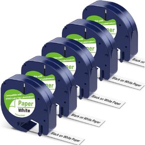 5 X 91330 Paper White Replacement for Dymo Letratag Refills 12mm x 4m Compatible with Dymo Label Maker Refills Letra Tag LT-100T LT-100H QX50 Black on White