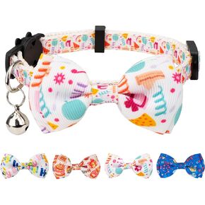 Cat Collar with Bow Tie Happy Birthday Cake Print Pattern Bell Safety Breakaway 7-11in Kitten [2pcs] Color A