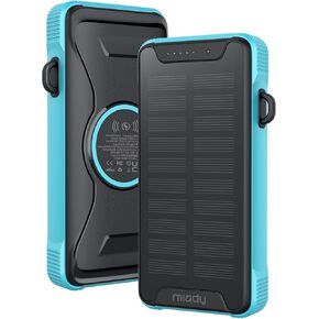 Miady 20000mAh Wireless Solar Power Bank USB-C 20W Fast Charging, Waterproof Battery Pack Charger for Outdoor Camping, Compact Solar Portable Charger for iPhones and Android Smartphones
