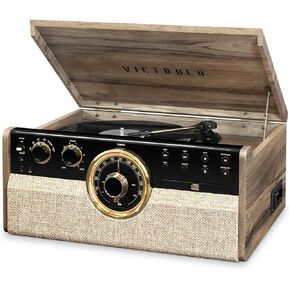 Victrola 6-in-1 Wood Bluetooth Mid Century Record Player with 3-Speed Turntable, CD, Cassette Player and Radio