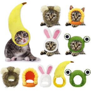 5 Pcs Cat Hat Adorable Cat Costumes Bunny Hat with Ears Funny Mane Hat Adjustable Fruit Shaped Hat Party Costume Accessory Headwear for Cats Small Dogs Kitten Puppy (Lion Banana Frog Sunflower Rabbit)