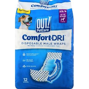 Out! PetCare Disposable Male Dog Wraps, Male Wraps for Dogs, Pee Wraps, Belly Bands for Dogs, Leak Proof, Wetness Indicator, Puppy and Doggie Diaper for Peeing, XS/Small, 32 Count