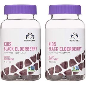 Amazon Brand - Mama Bear Vegetarian Kids Black Elderberry Gummies 300 mg with Vitamins C, D, E and Zinc, Immune System Support, 60 Count (1 to 2 Month Supply), Non-GMO, Gluten Free