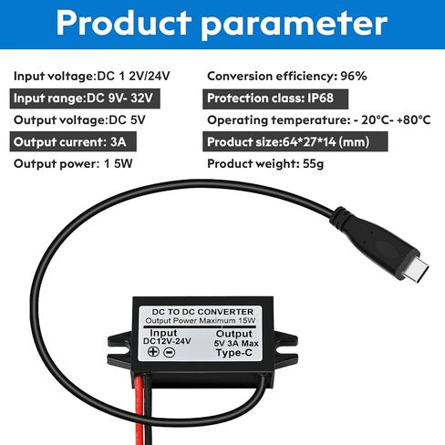 DC 12V/24V to 5V USB C Buck Converter 3A 15W Type-C Output Charging Module Waterproof Buck Power Adapter Compatible with Raspberry Pi 4, Mobile Phone … in Kuwait