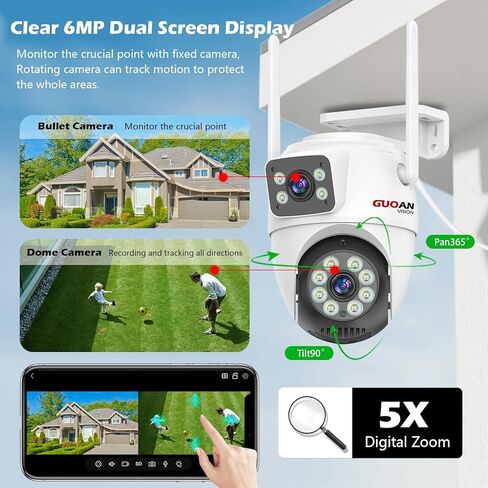 Security Camera Outdoor, 【6MP Dual Lens】 WiFi Wireless Outside Cameras with 3M Cord, IP66 Waterproof, AI Human Tracking, 24/7 Recording, Color Night, 2-Way Talk, 360°View, SD/Cloud in Kuwait