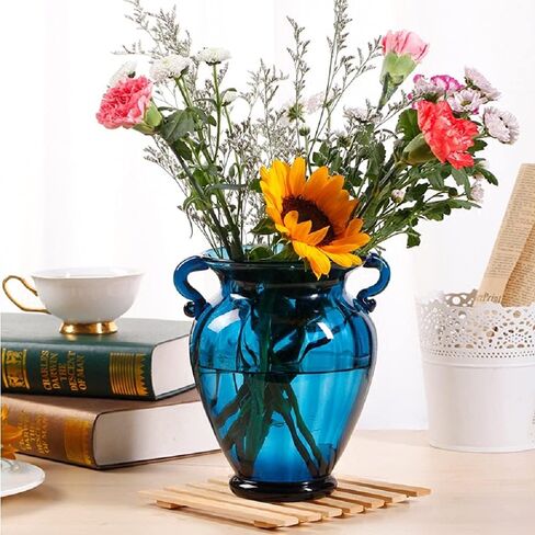 مزهرية زهور زجاجية زرقاء فاخرة لقطعة مركزية للطاولة، مزهرية زجاجية ملونة شفافة عالية الجودة مع مقبض، تشكيلة زهور إبداعية لسطح المكتب لديكور المنزل والحلي المركزية والأحداث in Kuwait