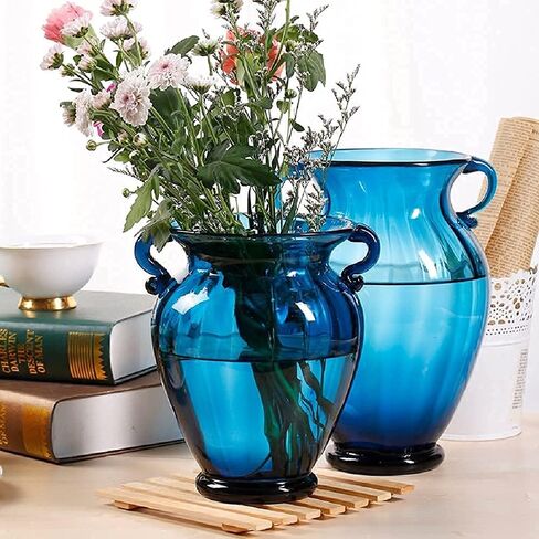 مزهرية زهور زجاجية زرقاء فاخرة لقطعة مركزية للطاولة، مزهرية زجاجية ملونة شفافة عالية الجودة مع مقبض، تشكيلة زهور إبداعية لسطح المكتب لديكور المنزل والحلي المركزية والأحداث in Kuwait