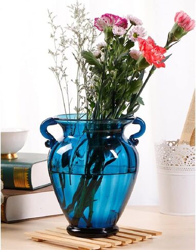 مزهرية زهور زجاجية زرقاء فاخرة لقطعة مركزية للطاولة، مزهرية زجاجية ملونة شفافة عالية الجودة مع مقبض، تشكيلة زهور إبداعية لسطح المكتب لديكور المنزل والحلي المركزية والأحداث in Kuwait