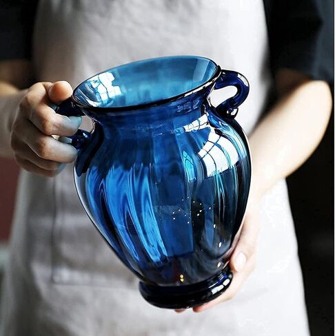 مزهرية زهور زجاجية زرقاء فاخرة لقطعة مركزية للطاولة، مزهرية زجاجية ملونة شفافة عالية الجودة مع مقبض، تشكيلة زهور إبداعية لسطح المكتب لديكور المنزل والحلي المركزية والأحداث in Kuwait