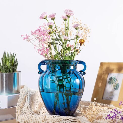 مزهرية زهور زجاجية زرقاء فاخرة لقطعة مركزية للطاولة، مزهرية زجاجية ملونة شفافة عالية الجودة مع مقبض، تشكيلة زهور إبداعية لسطح المكتب لديكور المنزل والحلي المركزية والأحداث in Kuwait