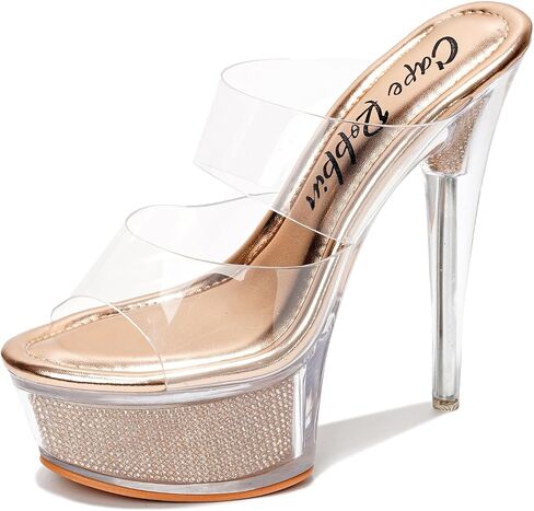 Women's Clear Platform Stiletto Heels | Slip-On Rhinestone Transparent Straps, Round Toe (Ferrara) in Saudi Arabia