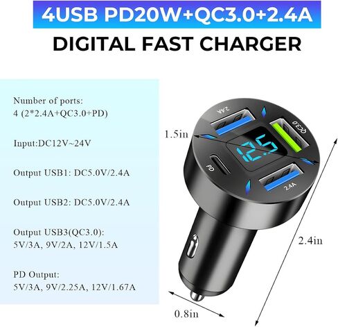 Augeny USB C Car Charger, 4 Port Auto Fast Charger with USB PD & QC 3.0, Cigarette Lighter USB Automotive Adapter Compatible with Most Mobile Cell Phone, Car Accessories (PD+QC 3.0) in Saudi Arabia