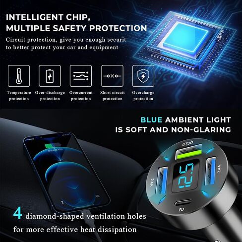 Augeny USB C Car Charger, 4 Port Auto Fast Charger with USB PD & QC 3.0, Cigarette Lighter USB Automotive Adapter Compatible with Most Mobile Cell Phone, Car Accessories (PD+QC 3.0) in Saudi Arabia