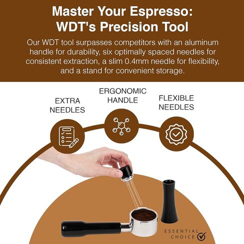 WDT Tool Espresso | Espresso Distribution Tool with 5 Extra Needles | 0.4mm Needles Espresso Stirrer | WDT with Aluminum Handle and Stand in Saudi Arabia
