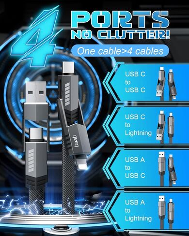 كابل USB C، [سلسلة Baab] 4 في 1 100 واط USB C إلى USB C كابل 3.3 قدم سلك شحن سريع مضفر من النايلون المسطح مع مجموعة نقل البيانات L/Type C/USB A منفذ لجهاز iPhone iPad MacBook in Saudi Arabia